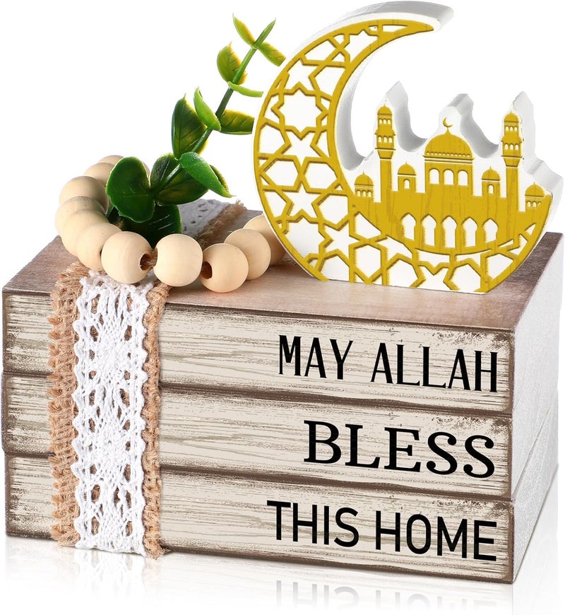 Anglechic Eid Mubarak Decorations Wood Ramadan Decorations for Home Ramadan Mubarak Table Sign Golden Moon Eid Tiered Tray Sign for Islamic Muslim Table Indoor Shelf Office Gifts - Image 1